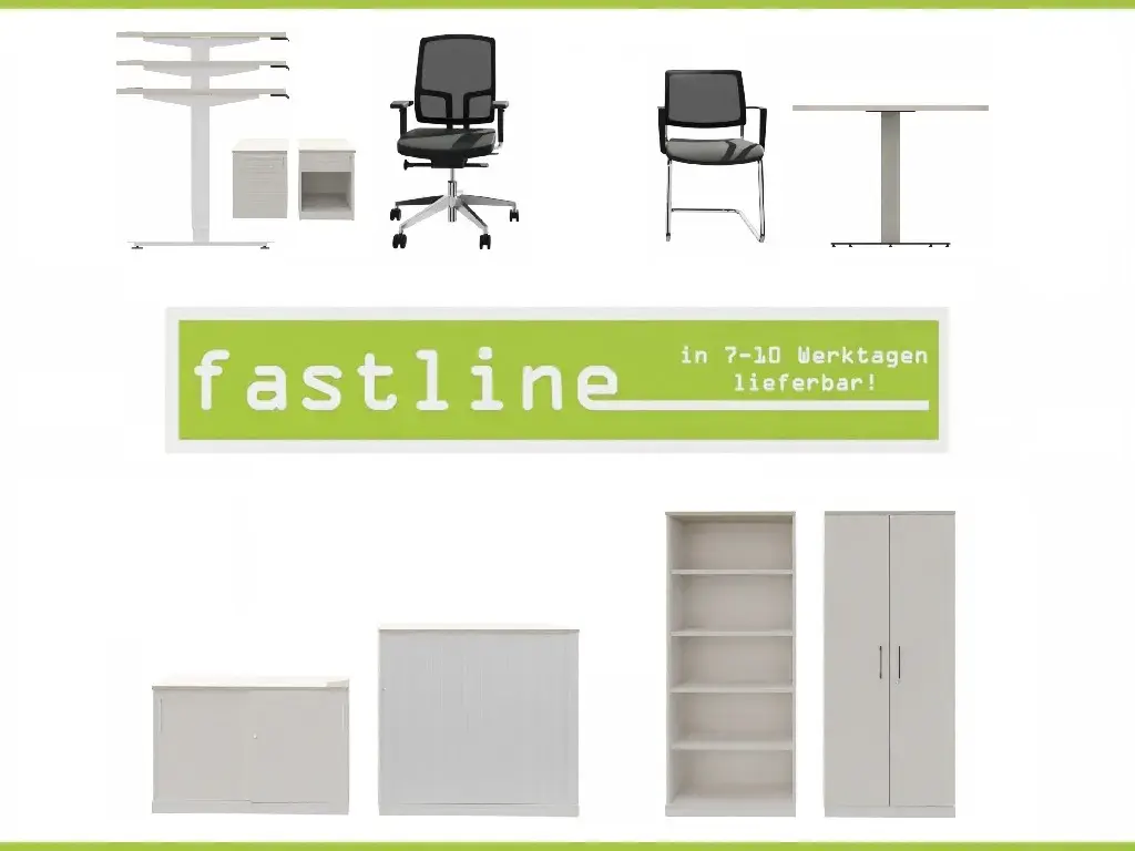Arbeitsplätze mit Schreibtischen, Rollcontainern und Schränken aus dem fm Schnelllieferprogramm fastline